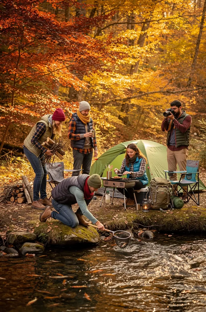 Group of outdoor enthusiasts gathered around a campfire at dusk in a forested mountain campsite.